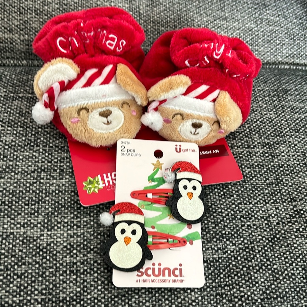 Bright Baby My first Christmas Red Bear Soft Warm Booties and Hair accessories